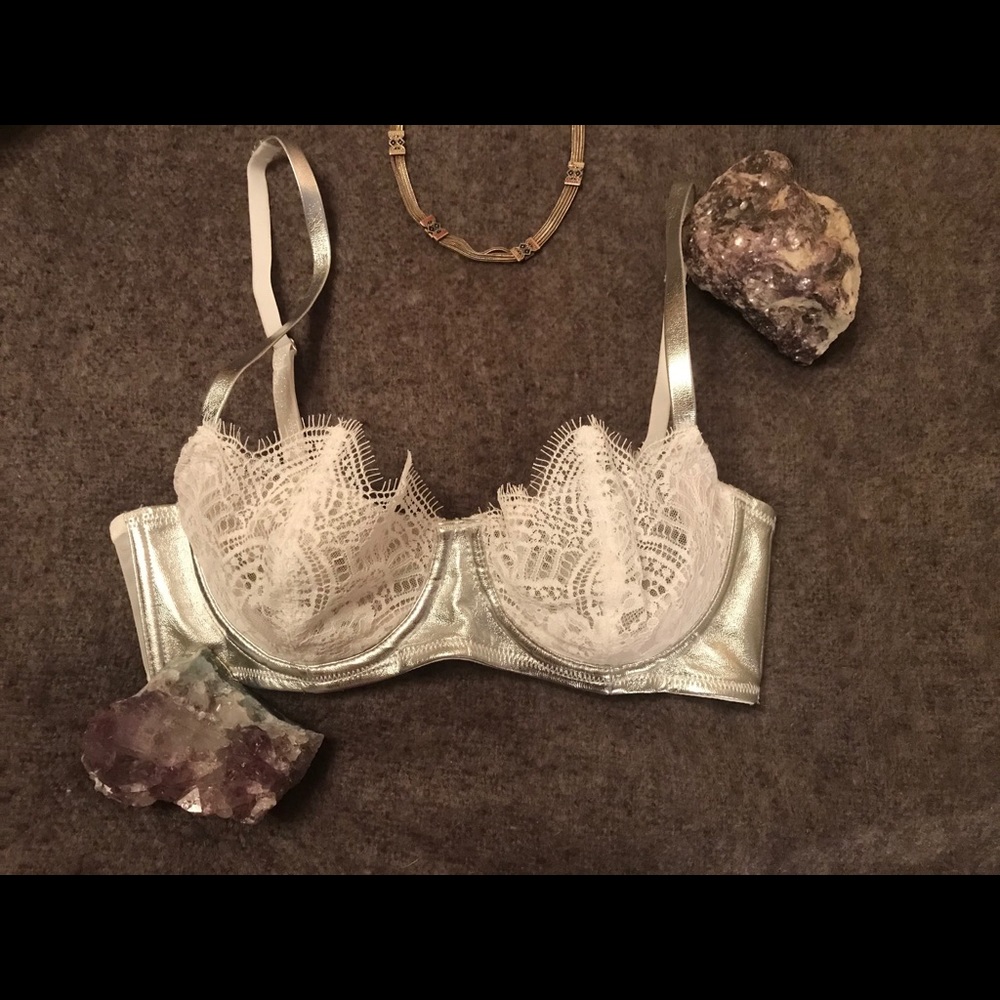 Victoria Secret Silver Leather And White Lace Bra